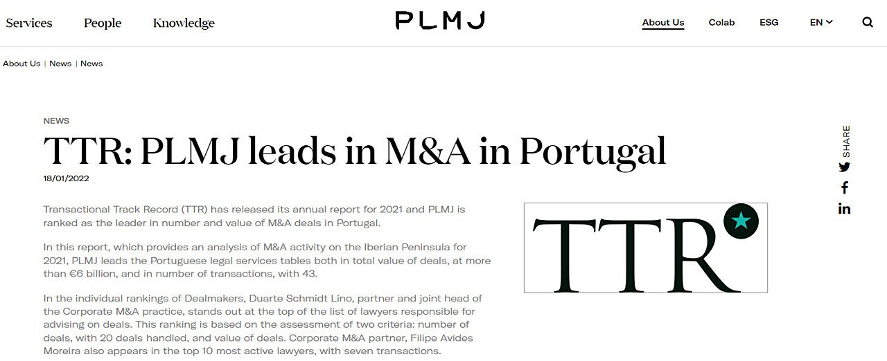 TTR: PLMJ leads in M&A in Portugal